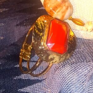 Brilliant Carnelian hinged hammered brass bangle bracelet and stone necklace.